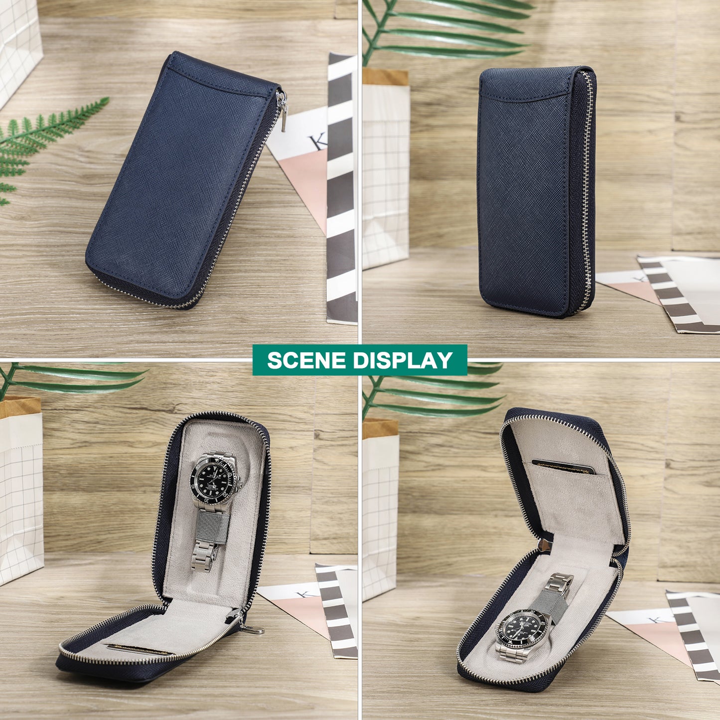 CONTACTS FAMILY Handmade Genuine Leather Watch Case for Rolex Saffiano leather Single Watch Storage Zipper Travel Women Watch Box Men Watch Pouch