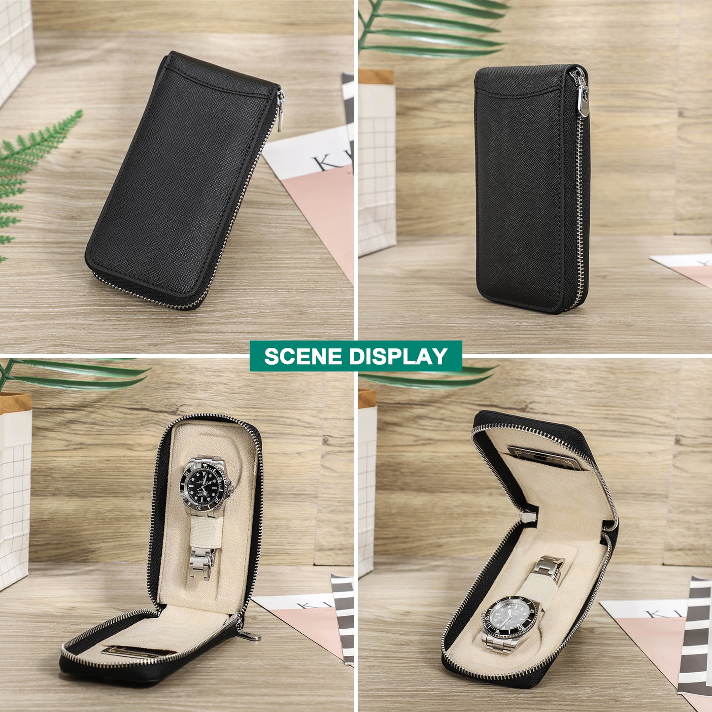 CONTACTS FAMILY Handmade Genuine Leather Watch Case for Rolex Saffiano leather Single Watch Storage Zipper Travel Women Watch Box Men Watch Pouch