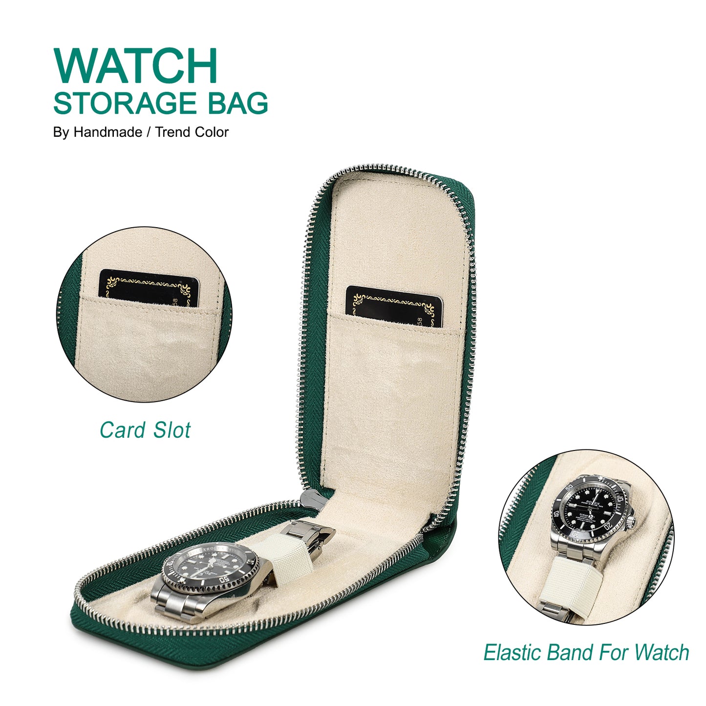 CONTACTS FAMILY Handmade Genuine Leather Watch Case for Rolex Saffiano leather Single Watch Storage Zipper Travel Women Watch Box Men Watch Pouch