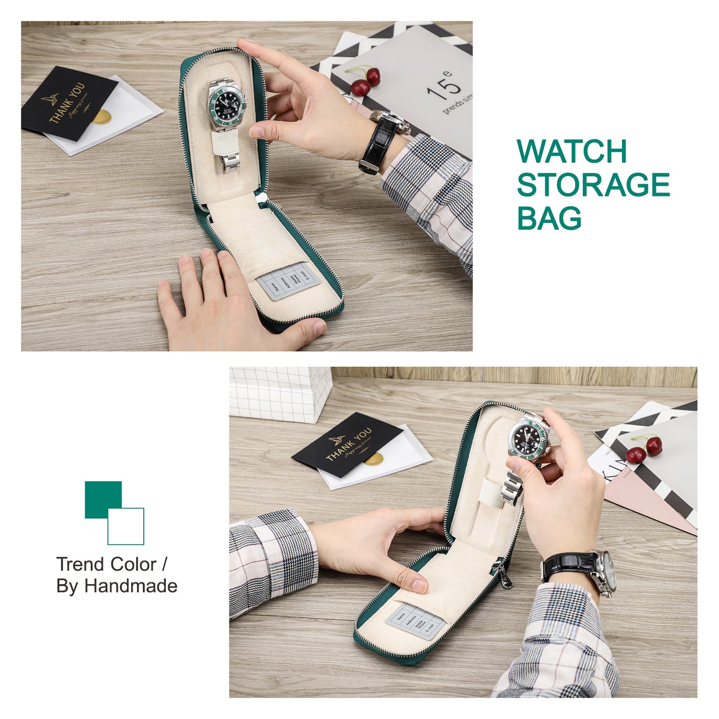 CONTACTS FAMILY Handmade Genuine Leather Watch Case for Rolex Saffiano leather Single Watch Storage Zipper Travel Women Watch Box Men Watch Pouch