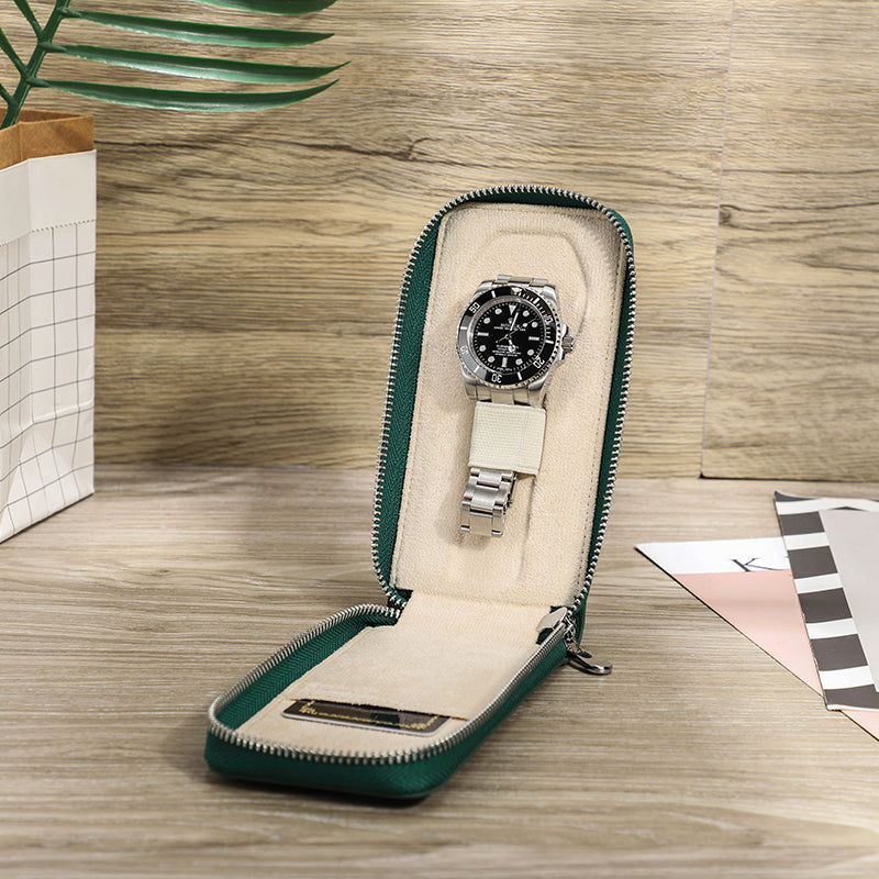 CONTACTS FAMILY Handmade Genuine Leather Watch Case for Rolex Saffiano leather Single Watch Storage Zipper Travel Women Watch Box Men Watch Pouch