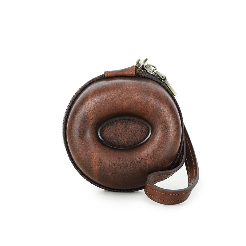 CONTACTS FAMILY Genuine Leather Single Watch Case Donut Shape Hand Strap Portable Mini Travel Watch Storage Pouch Men Watches Box