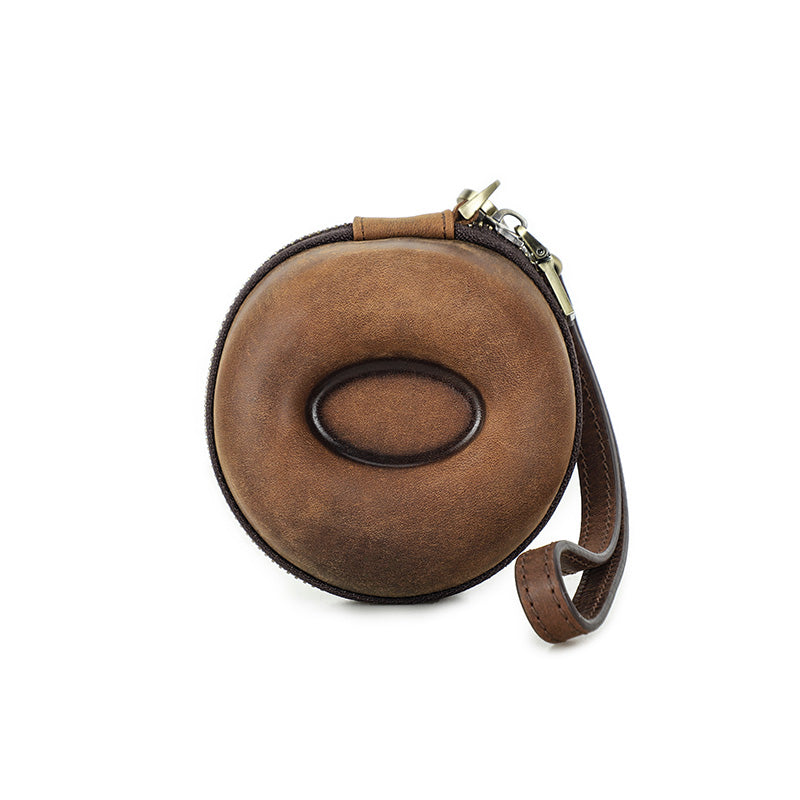 CONTACTS FAMILY Genuine Leather Single Watch Case Donut Shape Hand Strap Portable Mini Travel Watch Storage Pouch Men Watches Box