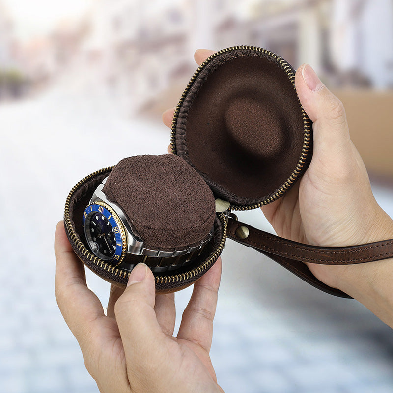 CONTACTS FAMILY Genuine Leather Single Watch Case Donut Shape Hand Strap Portable Mini Travel Watch Storage Pouch Men Watches Box