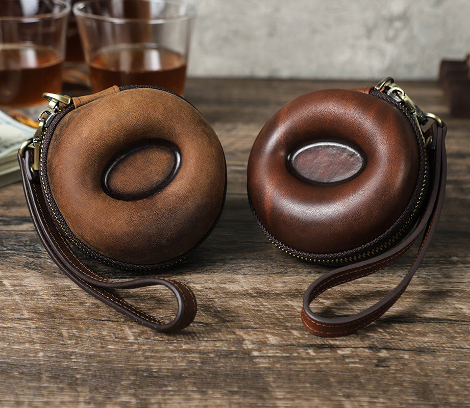 CONTACTS FAMILY Genuine Leather Single Watch Case Donut Shape Hand Strap Portable Mini Travel Watch Storage Pouch Men Watches Box