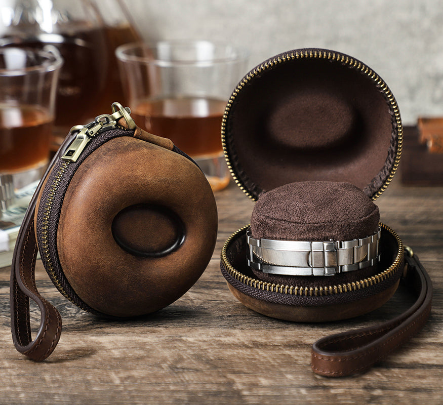 CONTACTS FAMILY Genuine Leather Single Watch Case Donut Shape Hand Strap Portable Mini Travel Watch Storage Pouch Men Watches Box