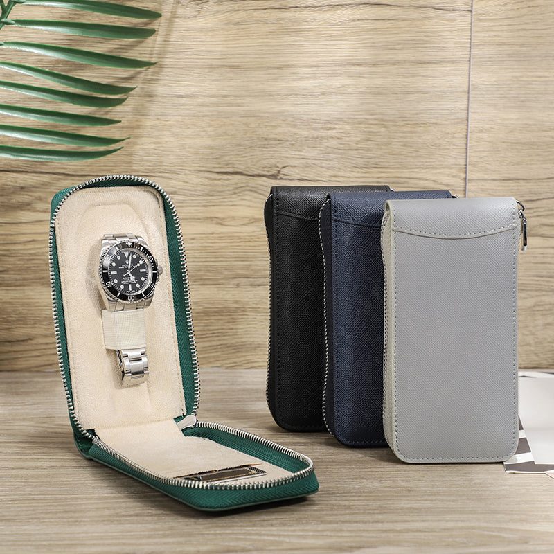 CONTACTS FAMILY Handmade Genuine Leather Watch Case for Rolex Saffiano leather Single Watch Storage Zipper Travel Women Watch Box Men Watch Pouch