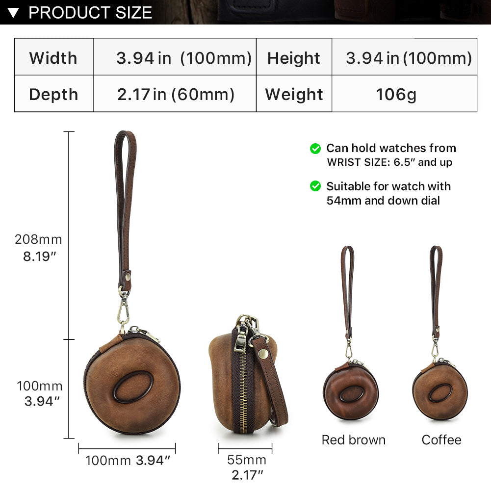 CONTACTS FAMILY Genuine Leather Single Watch Case Donut Shape Hand Strap Portable Mini Travel Watch Storage Pouch Men Watches Box