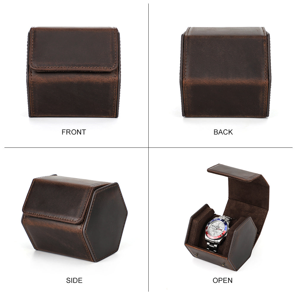 CONTACTS FAMILY Genuine Leather Hexagon 1/2/3/4 Slots Watch Roll Case