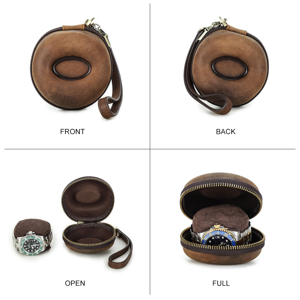 CONTACTS FAMILY Genuine Leather Single Watch Case Donut Shape Hand Strap Portable Mini Travel Watch Storage Pouch Men Watches Box