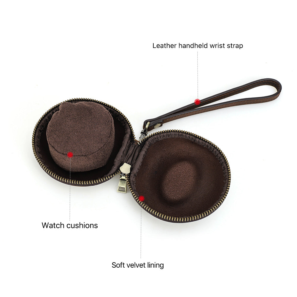 CONTACTS FAMILY Genuine Leather Single Watch Case Donut Shape Hand Strap Portable Mini Travel Watch Storage Pouch Men Watches Box