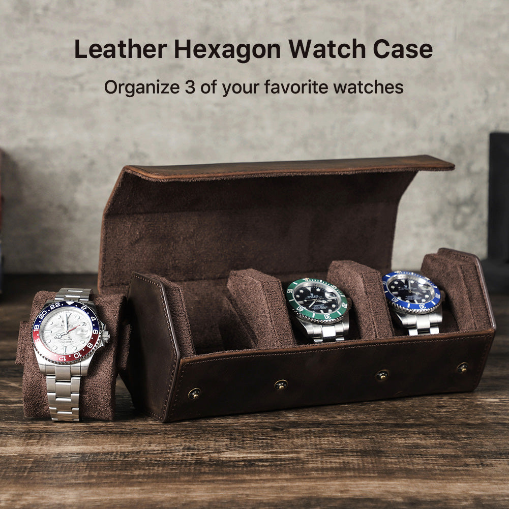 CONTACTS FAMILY Genuine Leather Hexagon 1/2/3/4 Slots Watch Roll Case