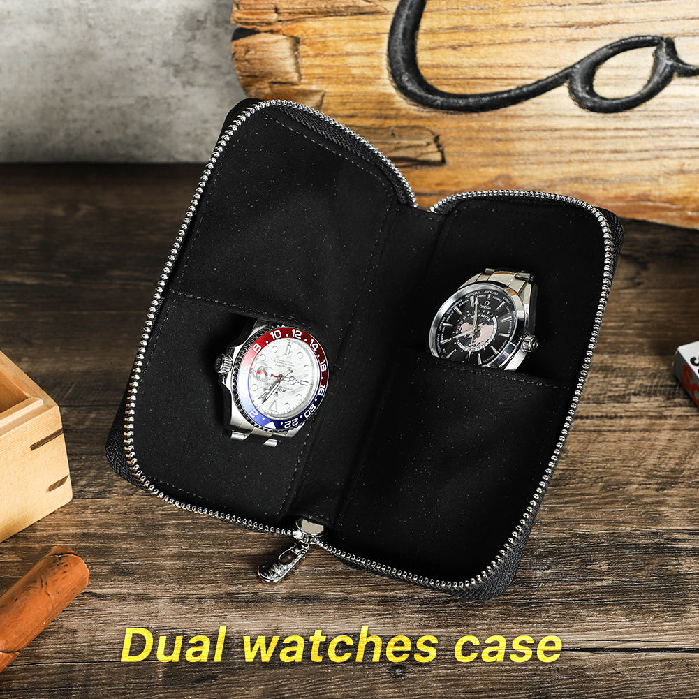 CONTACTS FAMILY Genuine Leather 2 Slot Watch Case Vintage Zipper Watches Box-CF1114