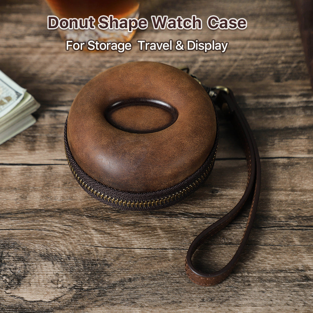CONTACTS FAMILY Genuine Leather Single Watch Case Donut Shape Hand Strap Portable Mini Travel Watch Storage Pouch Men Watches Box