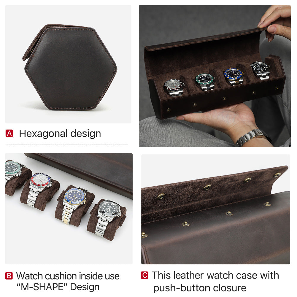CONTACTS FAMILY Genuine Leather Hexagon 1/2/3/4 Slots Watch Roll Case