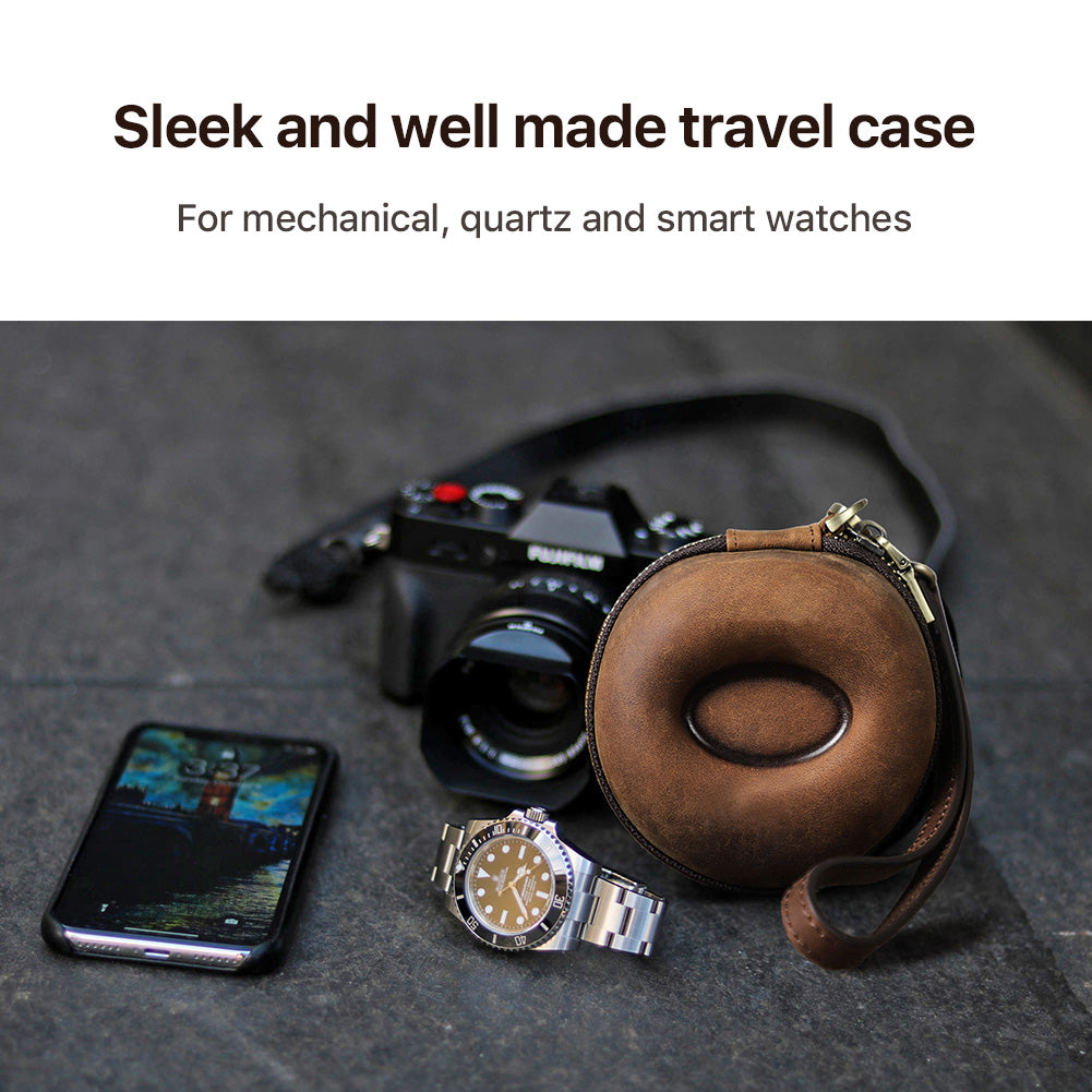 CONTACTS FAMILY Genuine Leather Single Watch Case Donut Shape Hand Strap Portable Mini Travel Watch Storage Pouch Men Watches Box