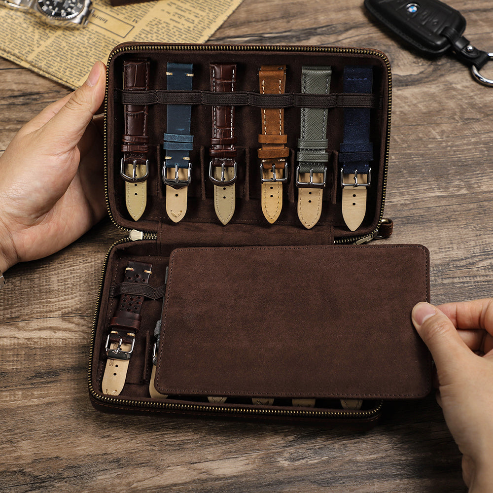 CONTACTS FAMILY Genuine Leather 12 Slots Watch Bands Storage Case