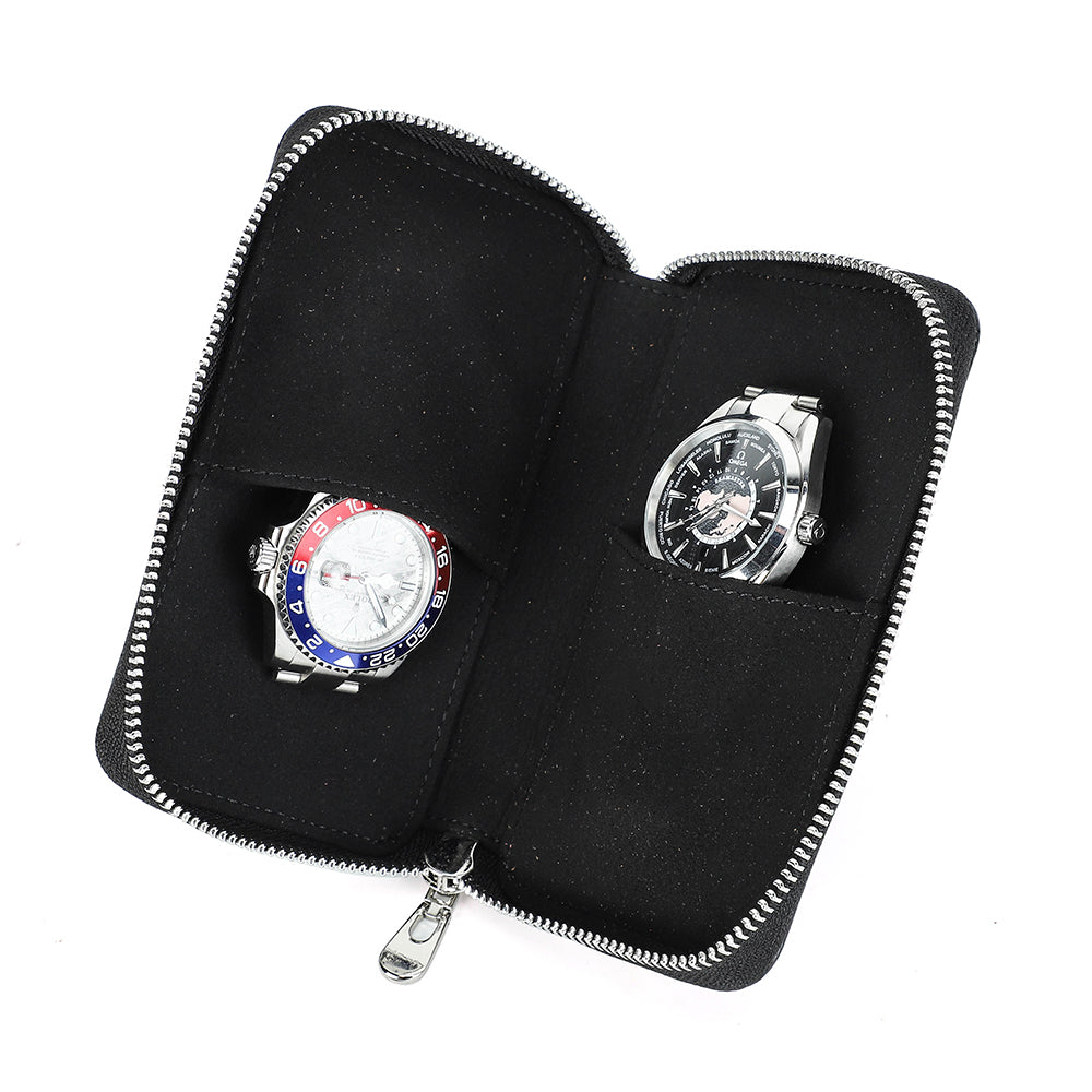 CONTACTS FAMILY Genuine Leather 2 Slot Watch Case Vintage Zipper Watches Box-CF1114