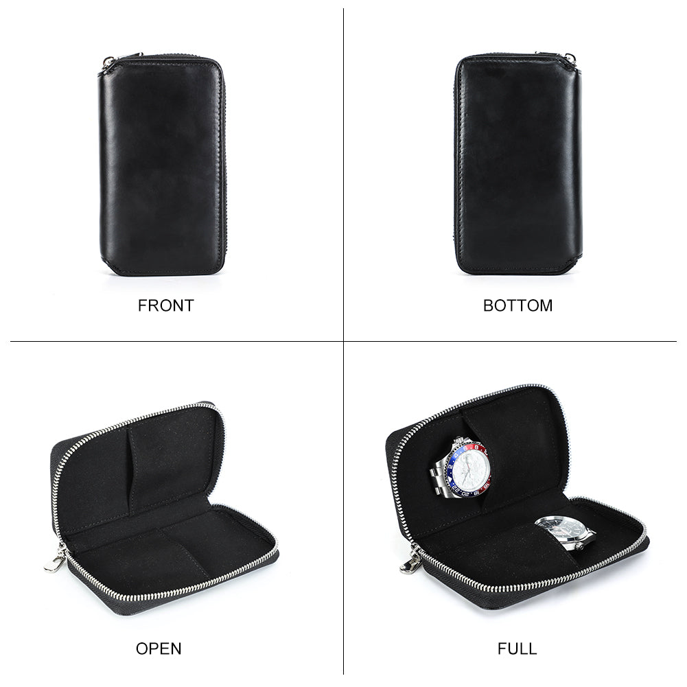 CONTACTS FAMILY Genuine Leather 2 Slot Watch Case Vintage Zipper Watches Box-CF1114