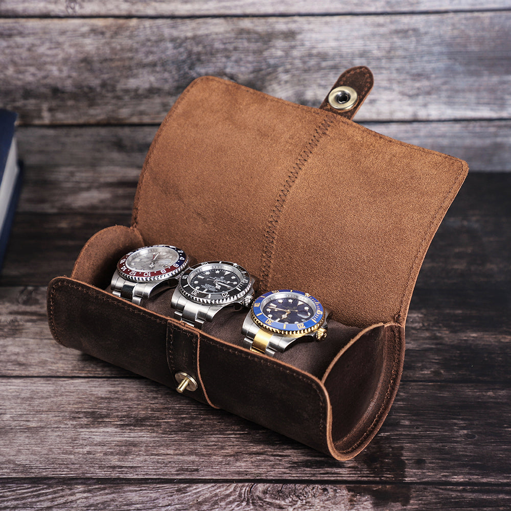CONTACTS FAMILY Genuine Leather 3 Slot Watch Case Mini Watch Roll Pouch for Travel-CF1117