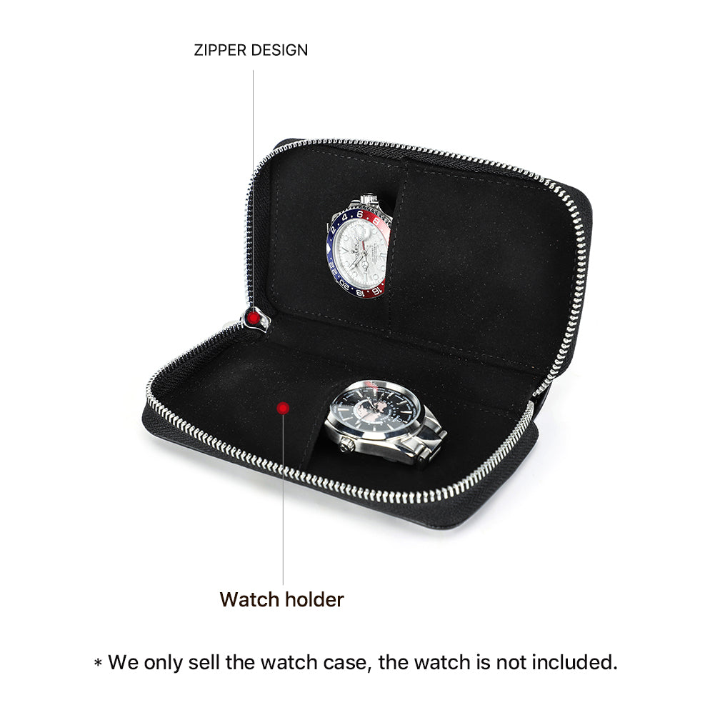 CONTACTS FAMILY Genuine Leather 2 Slot Watch Case Vintage Zipper Watches Box-CF1114