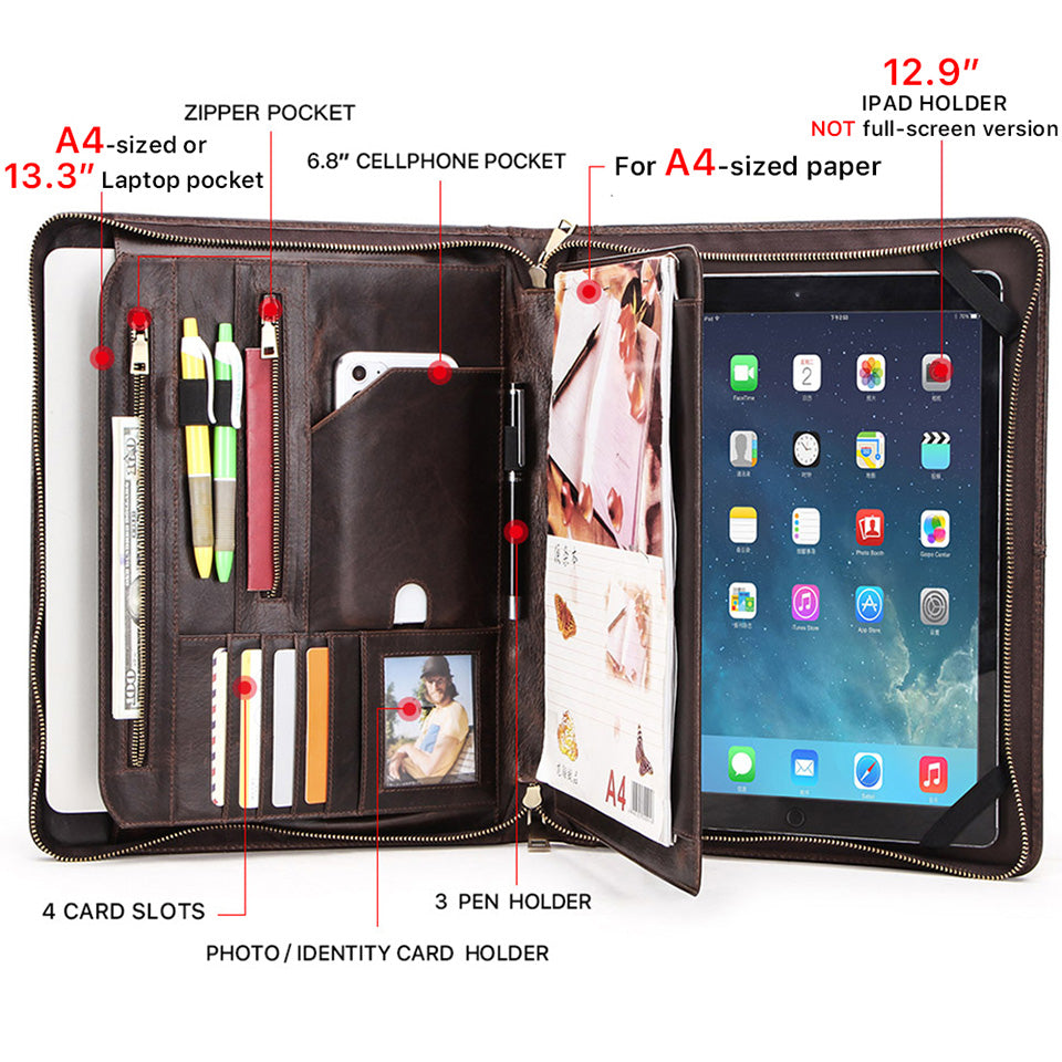 Vintage Crazy-Horse Leather Portfolio for Galaxy Tab, Zipper Organizer