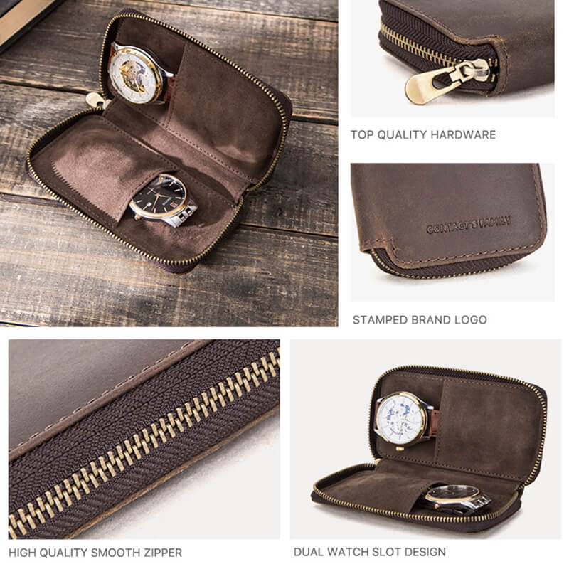 CONTACTS FAMILY Genuine Leather 2 Slot Watch Case Vintage Zipper Watches Box-CF1114