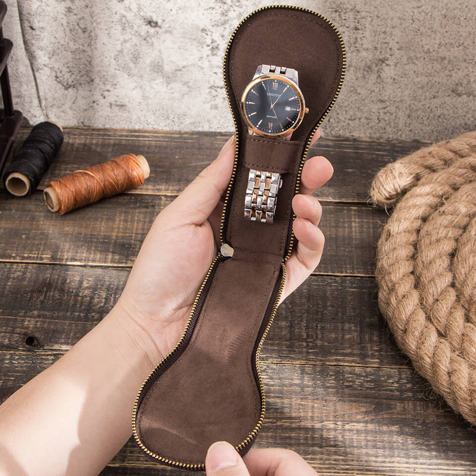 CONTACTS FAMILY Genuine Leather Single Watch Case Violin Shape 1 Slot Watch Pouch-CF1112