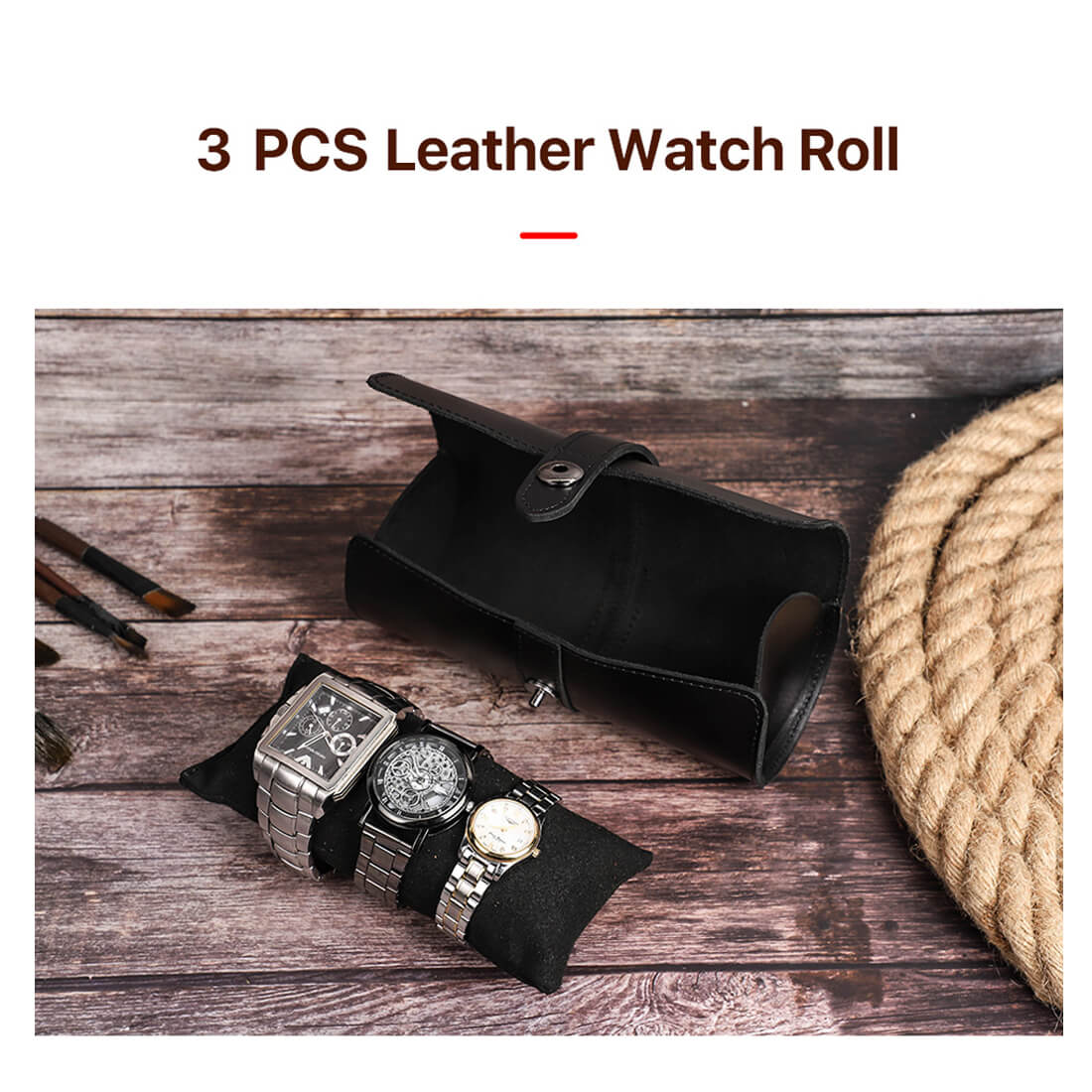 CONTACTS FAMILY Genuine Leather 3 Slot Watch Case Mini Watch Roll Pouch for Travel-CF1117