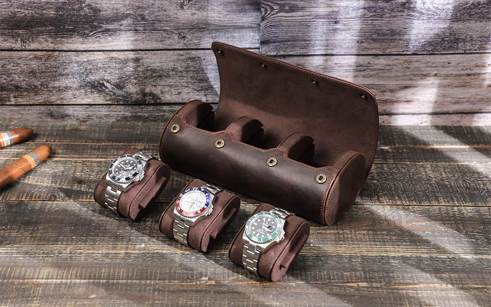 CONTACTS FAMILY Luxury Genuine Leather Watch Case 1/2/3/4 Slots Watch Roll Box For Rolex Case Holder Men Women Watches Display Organizer Gift