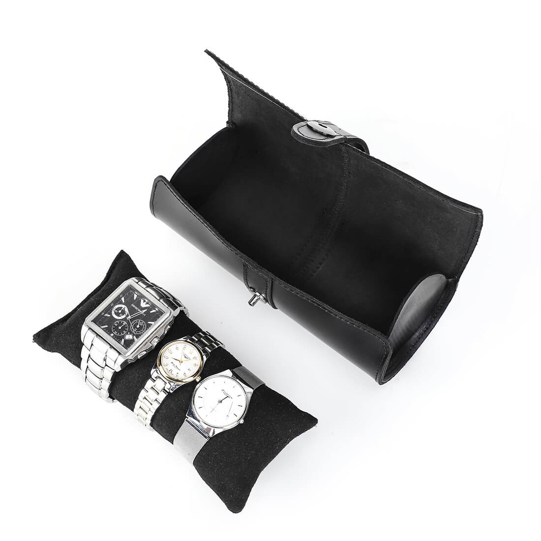 CONTACTS FAMILY Genuine Leather 3 Slot Watch Case Mini Watch Roll Pouch for Travel-CF1117