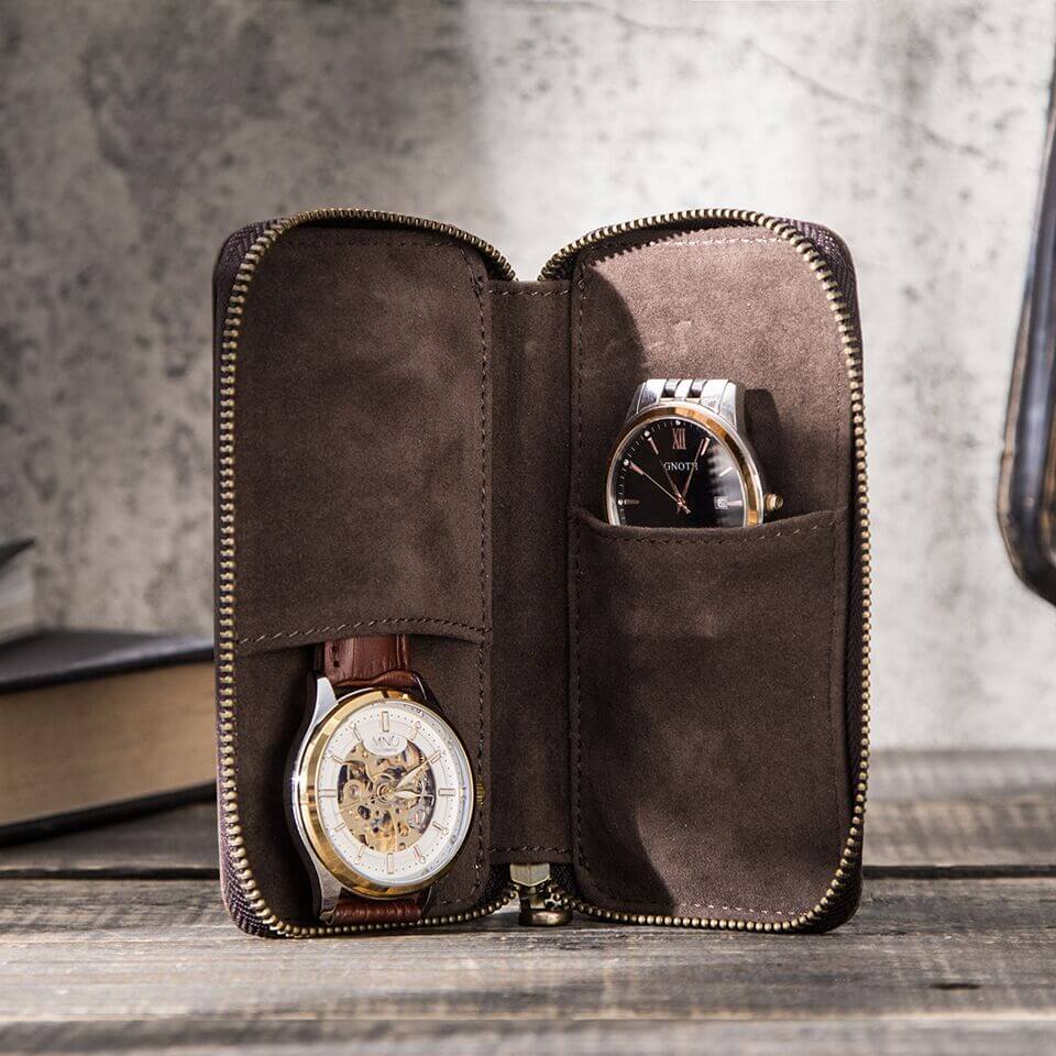 CONTACTS FAMILY Genuine Leather 2 Slot Watch Case Vintage Zipper Watches Box-CF1114