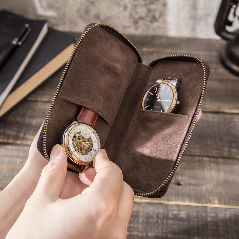 CONTACTS FAMILY Genuine Leather 2 Slot Watch Case Vintage Zipper Watches Box-CF1114