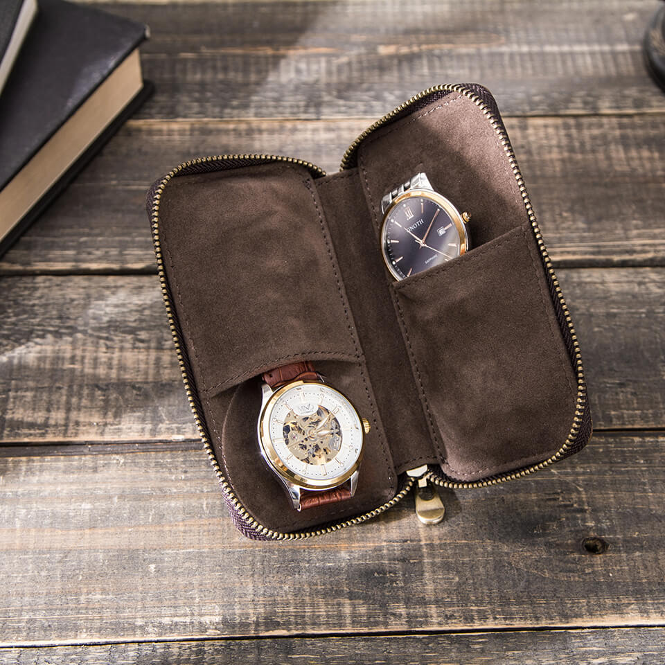 CONTACTS FAMILY Genuine Leather 2 Slot Watch Case Vintage Zipper Watches Box-CF1114