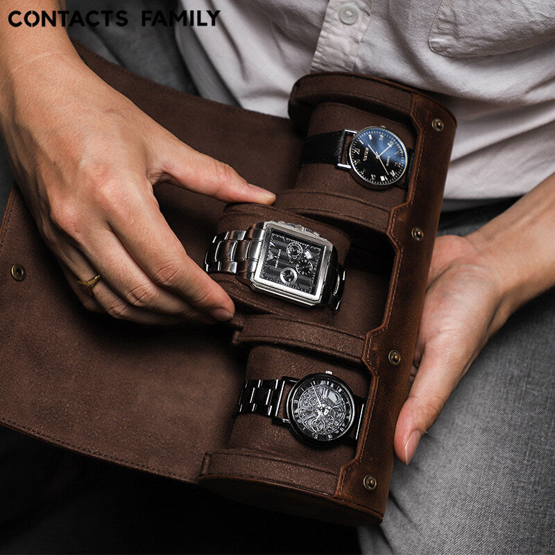 CONTACTS FAMILY Luxury Genuine Leather Watch Case 1/2/3/4 Slots Watch Roll Box For Rolex Case Holder Men Women Watches Display Organizer Gift