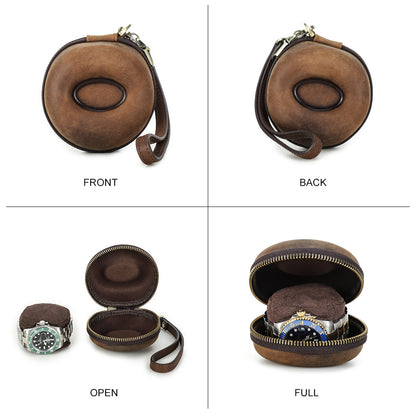 CONTACTS FAMILY Genuine Leather Single Watch Case Donut Shape Hand Strap Portable Mini Travel Watch Storage Pouch Men Watches Box