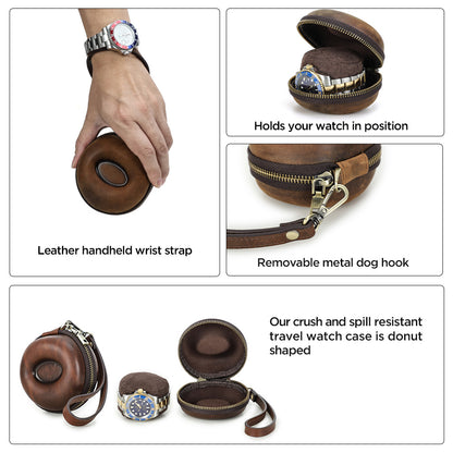 CONTACTS FAMILY Genuine Leather Single Watch Case Donut Shape Hand Strap Portable Mini Travel Watch Storage Pouch Men Watches Box