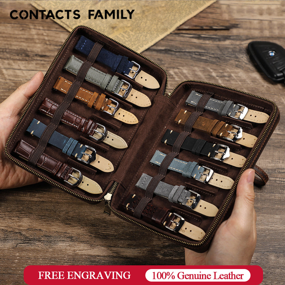 CONTACTS FAMILY Genuine Leather 12 Slots Watch Bands Storage Case