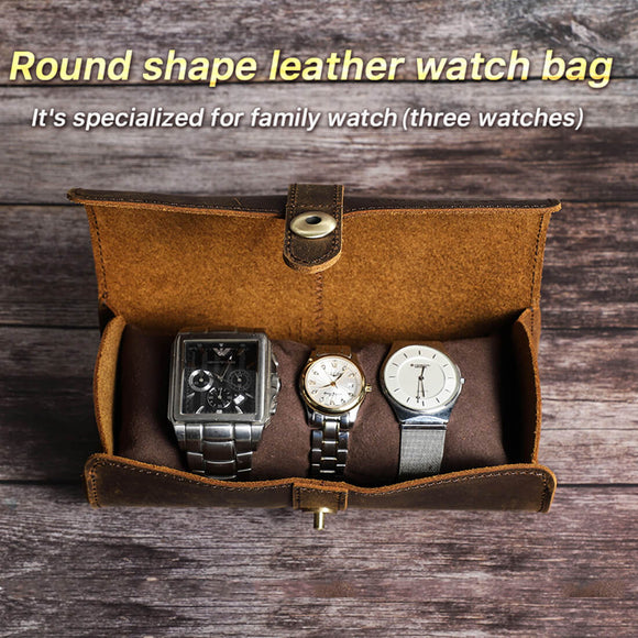 genuine leather watch bag,round shape, for 3 cps watch