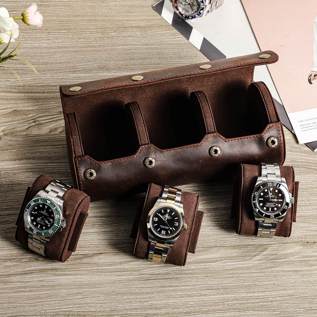 CONTACTS FAMILY Luxury Genuine Leather Watch Case 1/2/3/4 Slots Watch Roll Box For Rolex Case Holder Men Women Watches Display Organizer Gift