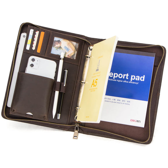 Handmade Zipper Leather Case Multi-functional iPad Bag with A5 Loose-leaf Business Padfolio